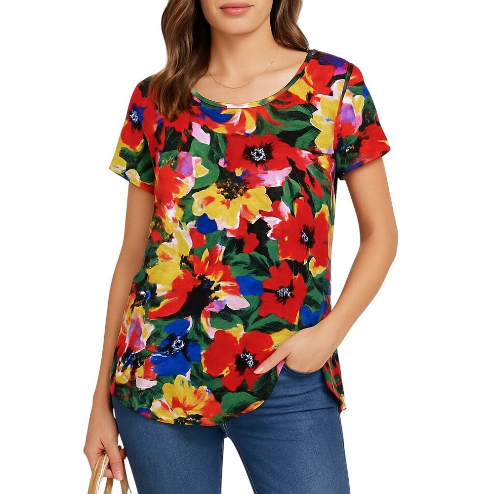 Cupio Multicolor Floral Print Short Sleeve Top XL Stretch Asymmetrical Hem